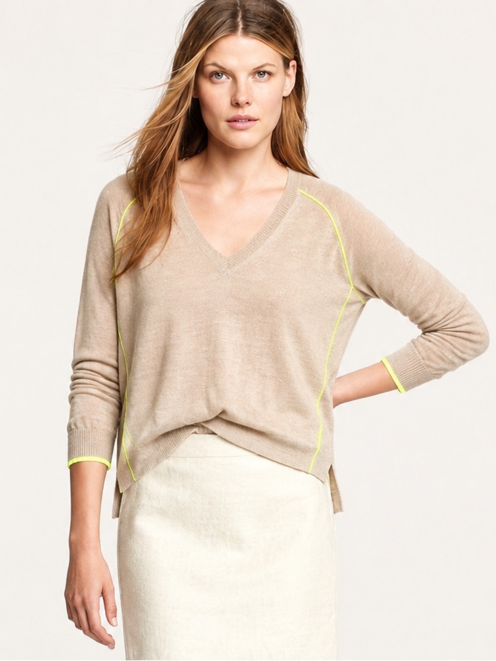 J.Crew Merino Wool Tipped Side Panel V-neck Oversized Sweater Neon Piping XS